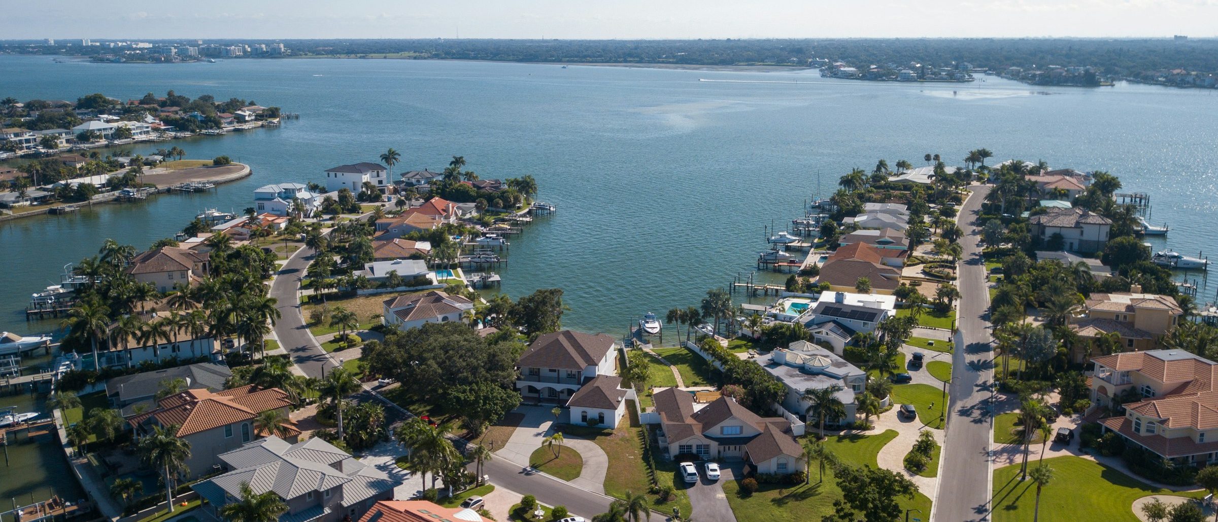 Aerial view of waterfront homes on island canals
